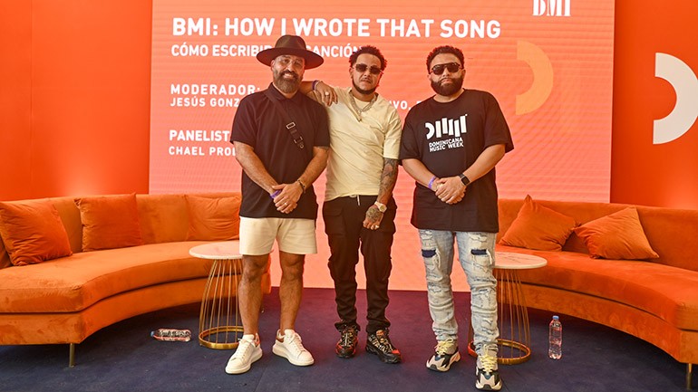 BMI’s Jesus Gonzalez, Chael Produciendo, and Kevin Montano gather for a photo during BMI’s How I Wrote That Song® panel at Dominicana Music Week on April 17 in Santo Domingo, Dominican Republic.