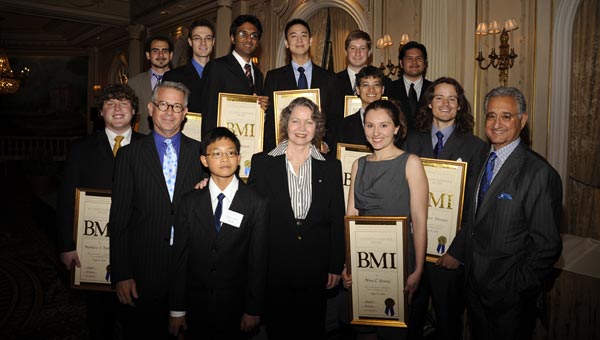 The BMI Foundation held its 58th Annual BMI Student Composer Awards May 17 at the Jumeirah Essex House Hotel in New York, where eleven young classical composers were recognized with scholarship grants totaling $20,000 for their superior creative talent. Pictured at the ceremony are (back row) winners Andrew Allen, Paul Dooley, Subaram Raman, Derrick Wang, Eric Guinivan, Michael-Thomas Foumai; (front row) winners Matthew Hatty, BMI’s Ralph Jackson, Yeeren Low, Awards Chair Ellen Zwilich, Igor Maia, Nina Young, Matthew Peterson, and BMI President & CEO Del Bryant.