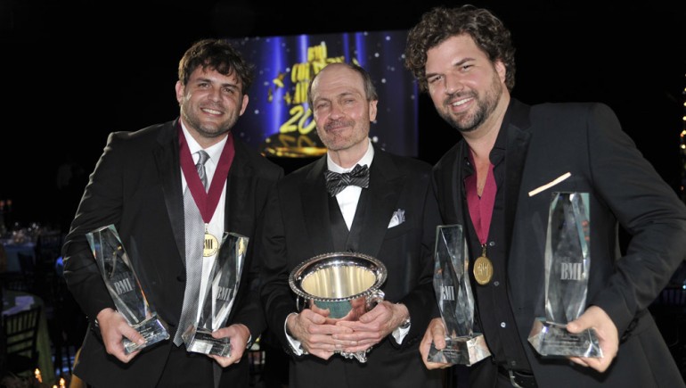 The night’s big honorees gather for a photo at the 2011 BMI Country Awards in Nashville. Pictured are (l-r): Songwriter of the Year Rhett Akins, 2011 BMI Icon Bobby Braddock, and Songwriter of the Year Dallas Davidson.