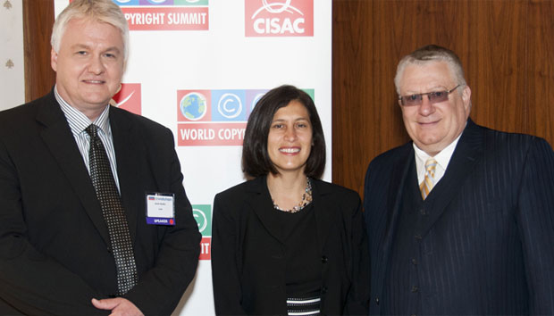 Fred Cannon (r), BMI Senior Vice President Government Relations, is pictured at the World Copyright Summit with White House Intellectual Property Enforcement Coordinator Victoria Espinel and CISAC Chairman Kenth Muldin.