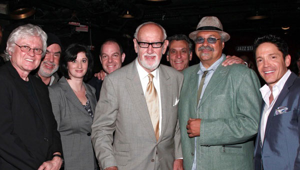 Bruce Lundvall (c) is flanked by composer/artists Chip Taylor, Randy Brecker, Renee Rosnes and Bill Charlap; Half Note Records executive Jeff Levenson; and composer/artists Joe Lovano and Dave Koz.