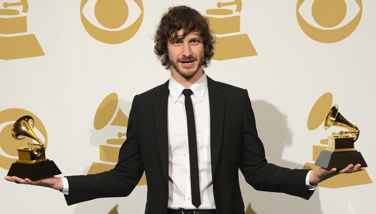 BMI songwriter Gotye celebrates his three Grammy wins in the press room during the Grammy Awards at the Staples Center.