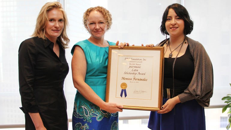 Mary Megan Peer, President Asia Pacific & Strategic Markets for peermusic, and Deirdre Chadwick, President of the BMI Foundation, proudly pose with this year’s BMI Foundation peermusic Latin Scholarship winner, Monica Fernández.