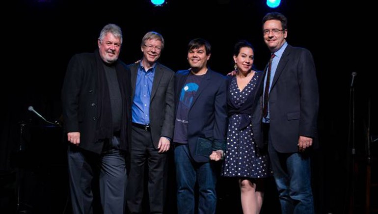 Pictured at the SCL holiday party are: Ashley Irwin, President of SCL; BMI’s Patrick Cook; 2014 Oscar-winning BMI writers Robert Lopez and Kristen Anderson-Lopez; and SCL board member Greg Pliska.