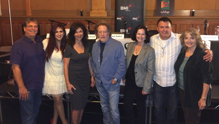 Pictured at BMI and SCL’s The Art and Business of Songwriting panel (L-R): BMI and Emmy award-winning composer and Music Director Curt Sobel; BMI Director, Film/TV Relations, Anne Cecere; award-winning BMI songwriter, Shelly Peiken; award-winning BMI songwriter, Steve Dorff; Paramount Pictures’ Director, Music Clearance, Mary Jo Braun; entertainment attorney J. Charley Londoño and composer-lyricist Adryan Russ, who moderated the event