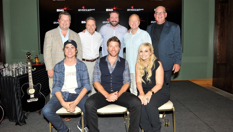 (L-R): (Front row): BMI songwriter and producer Ross Copperman, Brett Eldredge and BMI songwriter Heather Morgan. (Back row): BMI’s Bradley Collins and Jody Williams, Sony/ATV Tree Publishing’s Josh VanValkenburg and Troy Tomlinson and Warner Music Nashville’s John Esposito.