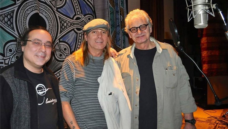 Composer Shawn K. Clement (left) joins Cheap Trick’s Robin Zander (center) and producer Jack Douglas (right) for the re-recording of “Warrior’s Hymn.”