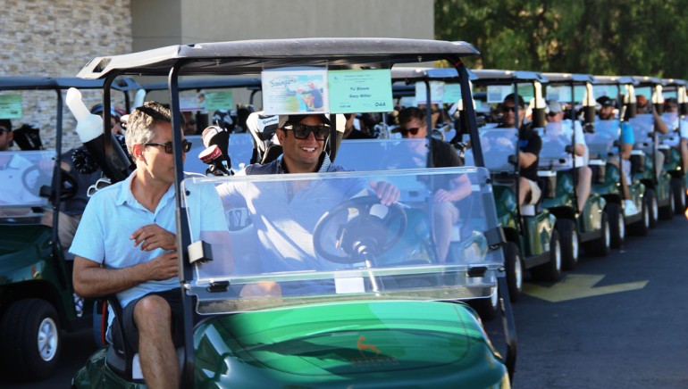 Universal Music Publishing’s Gary Miller and music supervisor PJ Bloom lead the way to the golf course at BMI’s fifth annual golf tournament, held on Aug. 18, 2014 at the Braemar Country Club in Tarzana, California.