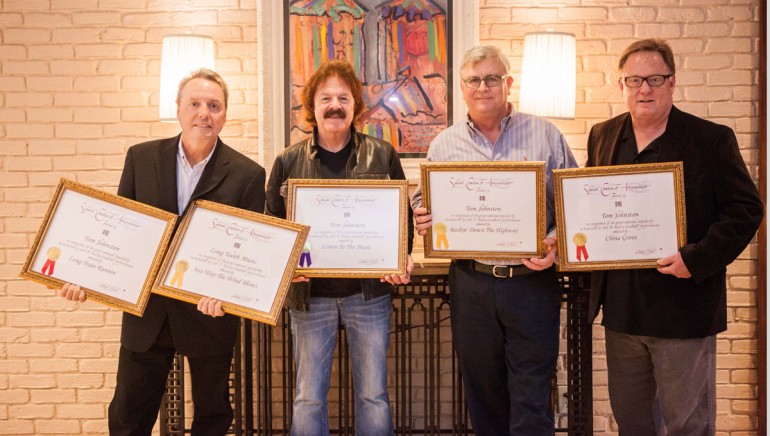 Pictured (L-R): BMI’s Jody Williams, BMI songwriter Tom Johnston, BMI’s Phil Graham and Sony Music Nashville’s Gary Overton.