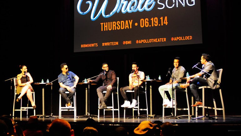 Pictured L-R at BMI’s “How I Wrote That Song” are: La Mega 97.9 on-air radio personality and moderator of the event Jaylah Sandoval with panelists Alcover, Xtassy, Mickey Then and Joell Jaquez from 24 Horas, and sP Polanco.