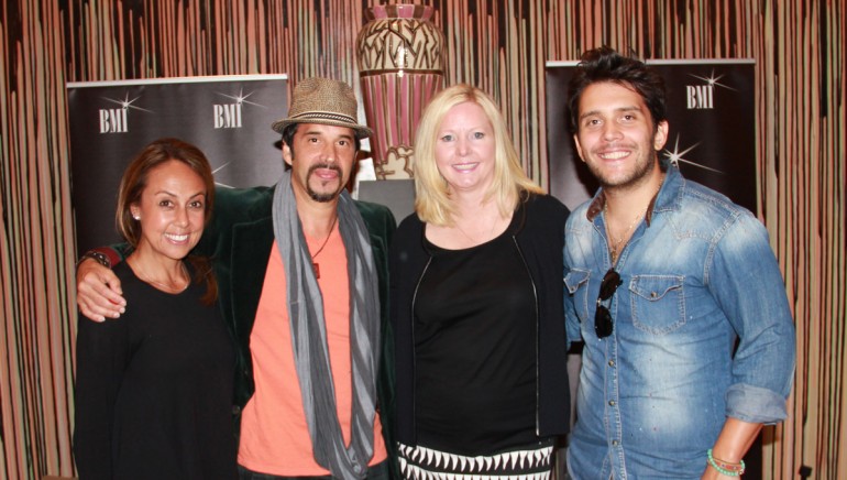 BMI’s Delia Orjuela, songwriter Elsten Torres, BMI’s Nada Latto, and songwriter Gustavo Galindo pose before the two artists perform at “Making Music Happen.”