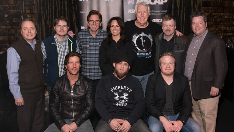Pictured (L-R): Back row: BMI’s Jody Williams, Cornman Music’s Nate Lowery, producer Dan Huff, ASCAP’s LeAnn Phelan, Valory Music Co.’s George Briner, Warner/Chappell’s Ben Vaughn, BMI’s Bradley Collins. Front row: songwriter Brett James, BMI songwriter Brantley Gilbert and songwriter Justin Weaver.