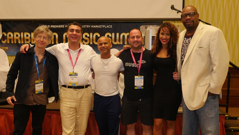 Pictured (L-R) during the Caribbean Music Summit are: Brasil Musica E Artes’ Robert Singerman, BMI’s Brandon Bakshi, Caribbean2World’s Ivan Berry, MusicHelp’s Peter Astedt, BMI songwriter and artist Amanda Reifer and Music of the Sea’s Eddie Caldwell.