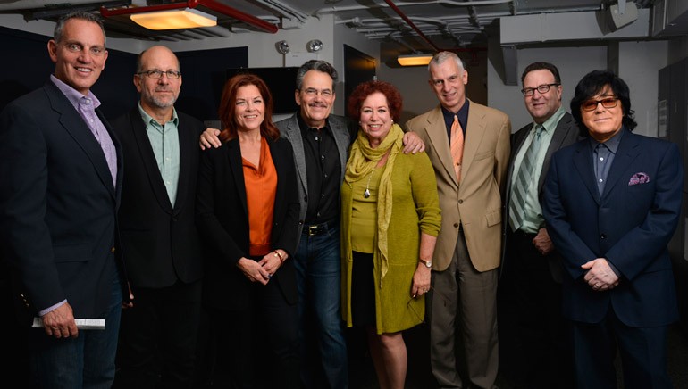 Pictured (L-R) backstage at the Master Session are: BMI President and CEO Mike O’Neill, Cash’s manager Danny Kahn, Rosanne Cash, Phil Galdston, SHOF’s Karen Sherry, Dean Robert Rowe, Department Director Dr. Ron Sadoff, and SHOF Board Member John Titta.