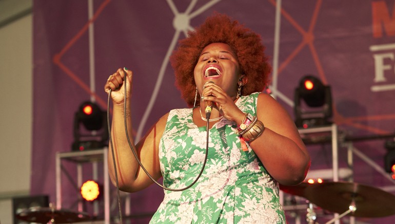 BMI songwriter and member of the Suffers, Kam Franklin, captivated the audience with a high-energy performance that got the crowd moving at the BMI stage during the Landmark Music Festival.