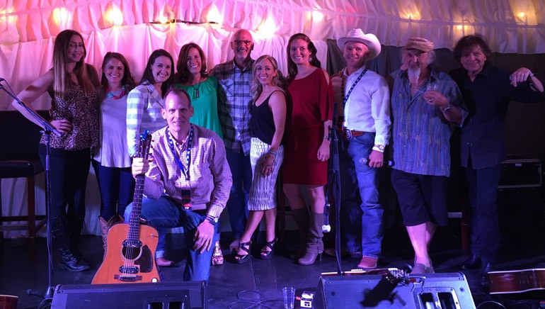 Standing (L-R): BMI songwriter Kylie Sackley, Sacajawea Hotel’s Hailey Folkvord, Sacajawea Hotel Event Coordinator Emily Waugh, BMI songwriters Helen Darling and Billy Montana, Sacajawea Hotel’s Hillary Folkvord, Sacajawea Hotel General Manager Brooke Leugers, Sacajawea Hotel owner Dean Folkvord and BMI songwriters Kostas and Even Stevens. (Kneeling): BMI’s Dan Spears.