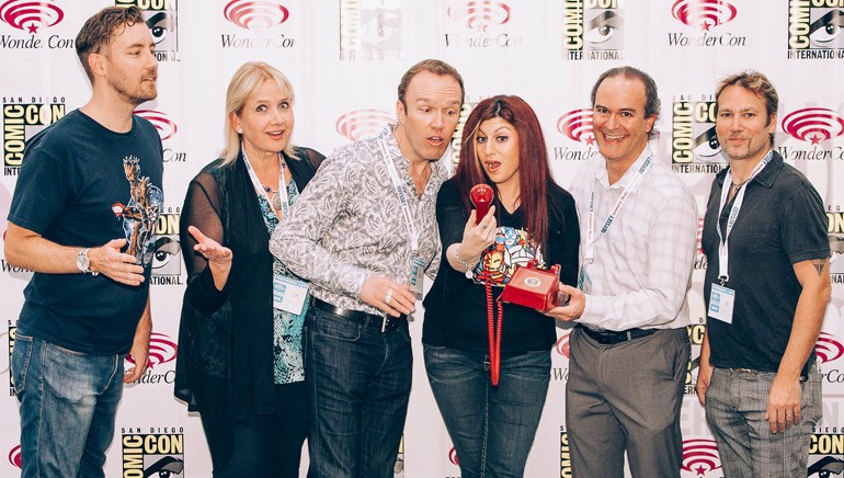 Pictured (L-R) backstage at Wondercon 2015 prior to “Drawing Notes: Inside the Music of Animation” are: Krakower Poling PR’s Chandler Poling, BMI composers Lolita Ritmanis, Michael McCuistion, BMI’s Anne Cecere, BMI composer Kristopher Carter and composer Joel Douek.