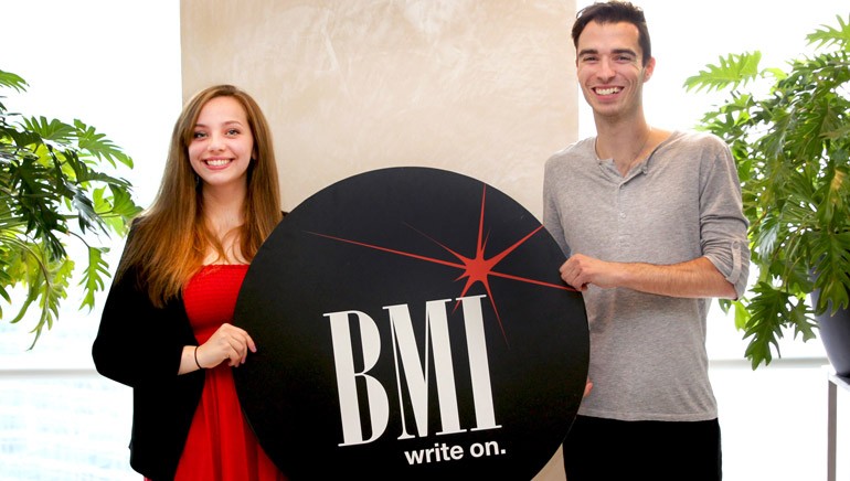 2015 Abe Olman Scholarship winners Hailey Knox and Carlo Colasacco pose for a pic at BMI’s NY office.