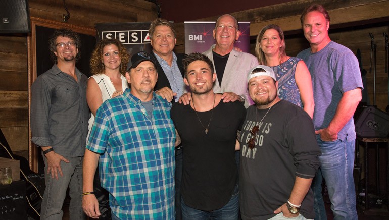 Pictured: (L-R): (Back Row) Parallel’s Tim Hunze, Magic Mustang’s Juli Newton-Griffith, BMI’s David Preston, Warner Music Group’s John Esposito, SESAC’s Shannan Hatch, producer Scott Hendricks. (Front Row) BMI songwriter Michael White, BMI affiliate Michael Ray and songwriter Justin Wilson.