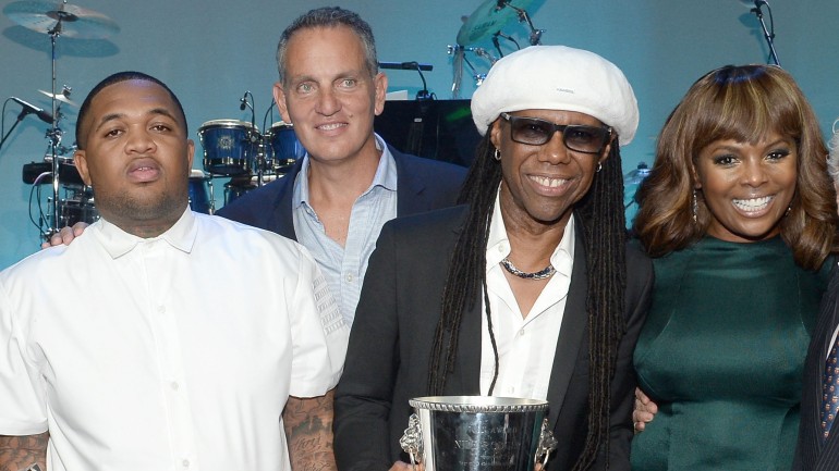 (L-R) Recording artist DJ Mustard, BMI President & CEO Mike O'Neill 2015 BMI Icon Award recipient Nile Rodgers and BMI Vice President, Writer/Publisher Relations, Atlanta, Catherine Brewton onstage at the 2015 BMI R&B/Hip-Hop Awards at Saban Theatre on August 28, 2015 in Beverly Hills, California.
