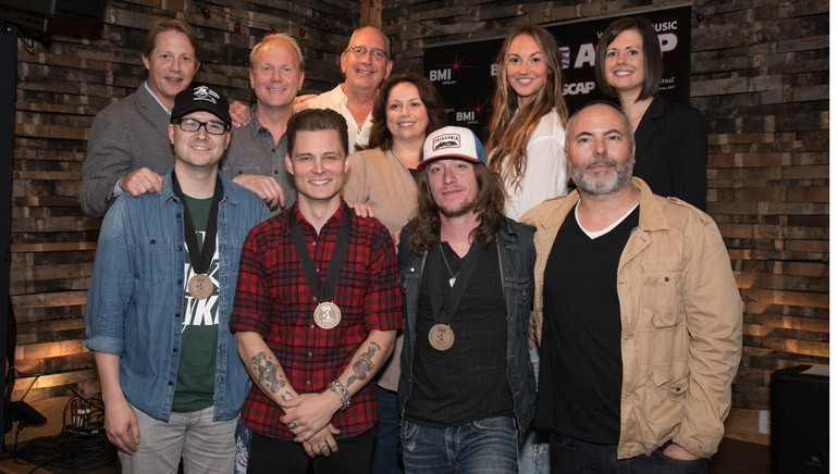 Pictured (L-R) Back row: BMI’s Clay Bradley, Sony/ATV’s Troy Tomlinson, Warner Music Nashville’s John Esposito, ASCAP’s Evyn Mustoe, Universal Music Publishing’s Cyndi Forman and Creative Nation’s Beth Laird. Front row: BMI songwriter Luke Laird, BMI singer/songwriter Frankie Ballard, songwriter Jaren Johnston and producer Marshal Altman