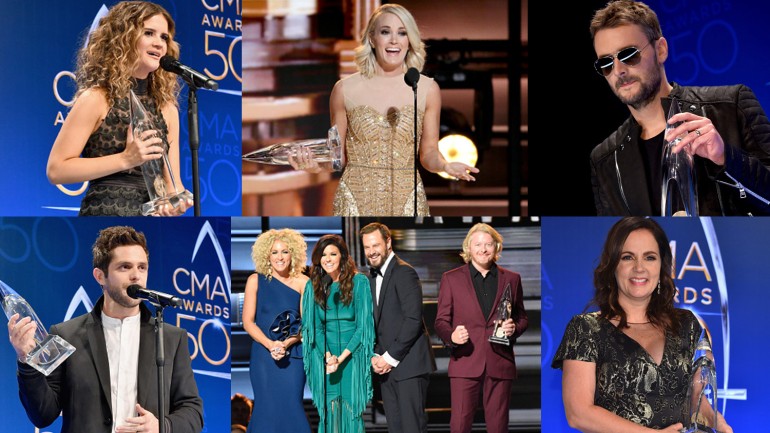Pictured (clockwise from top left): Maren Morris, Carrie Underwood, Eric Church, Lori McKenna, Little Big Town, Thomas Rhett