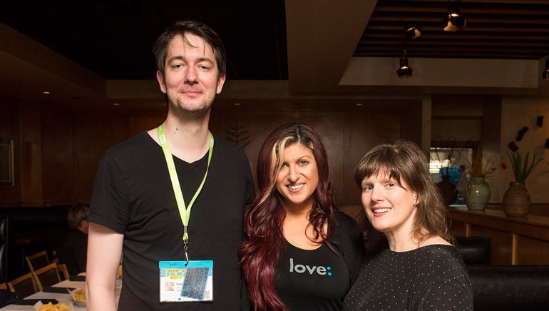 Little Sister composer Fritz Myers, BMI Director Film/TV Relations, Anne Cecere, and Rainbow Time composer Heather McIntosh gather for a photo during the SXSW Film Dinner at Cantina Laredo on March 14, 2016, in Austin, TX.