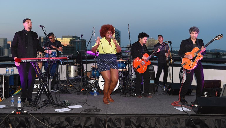 BMI band The Suffers performs as the sunsets on BMI’s rooftop. BMI hosted an Americana Kickoff Party the day before the official Americana Festival began.