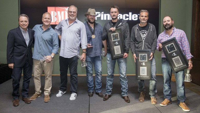 Pictured: (L-R): BMI’s Jody Williams, Sony ATV’s Troy Tomlinson, UMG Nashville’s Mike Dungan, BMI songwriter Jeff Hyde, BMI artist Eric Church, Q Prime Management’s John Peets and Little Louder’s Arturo Buenahora.