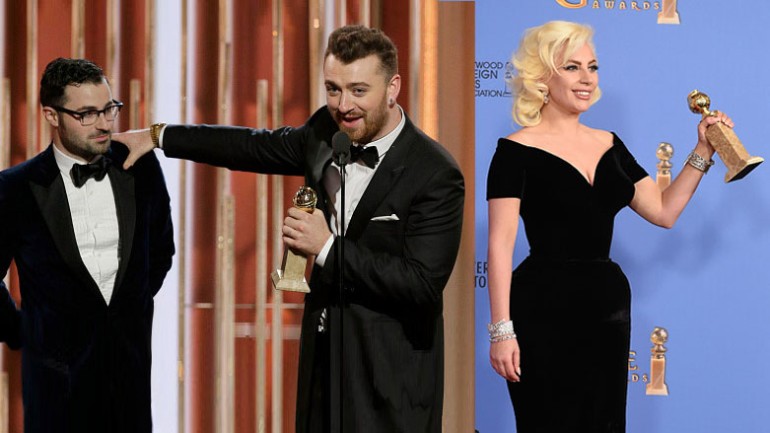 Pictured: Sam Smith with co-writer Jimmy Napes.  Lady Gaga with her Golden Globe for Best Actress.