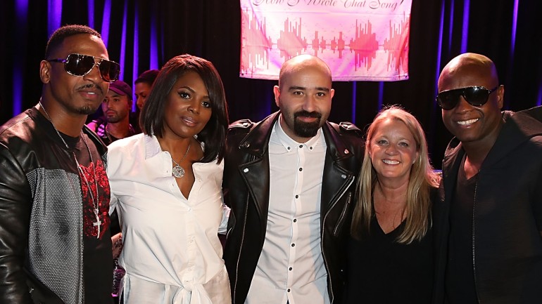 (L-R) Producer and TV personality Stevie J, BMI Vice President Catherine Brewton, songwriter Bilal “The Chef” Hajji, songwriter Liz Rose and producer Jerry “Wonda” Duplessis pose for a photo on stage at BMI’s How I Wrote That Song Panel at The Roxy on February 13, 2016 in Los Angeles, California.