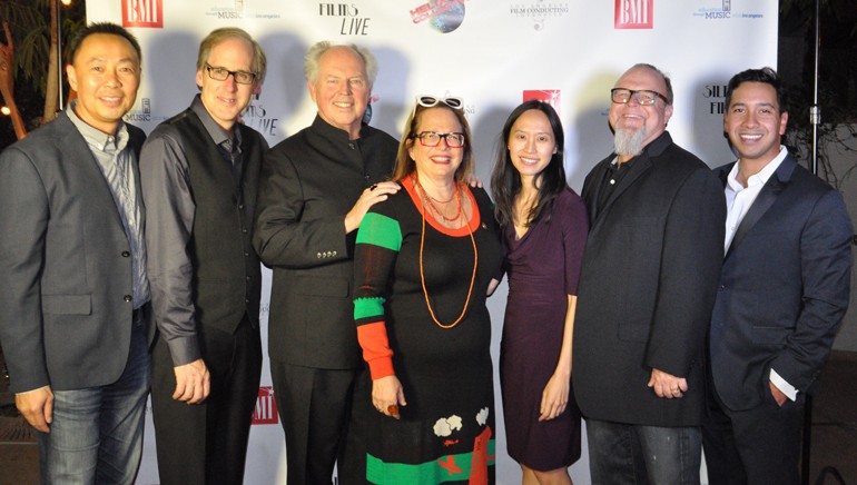 BMI’s Ray Yee, BMI composers Jeff Beal, George S. Clinton and Laura Karpman, Executive Director, ETM-LA Victoria Lanier, BMI composer Kevin Kiner and ETM-LA Associate Board Member Angel Velez pause for a photo at the ETM-LA fundraiser.