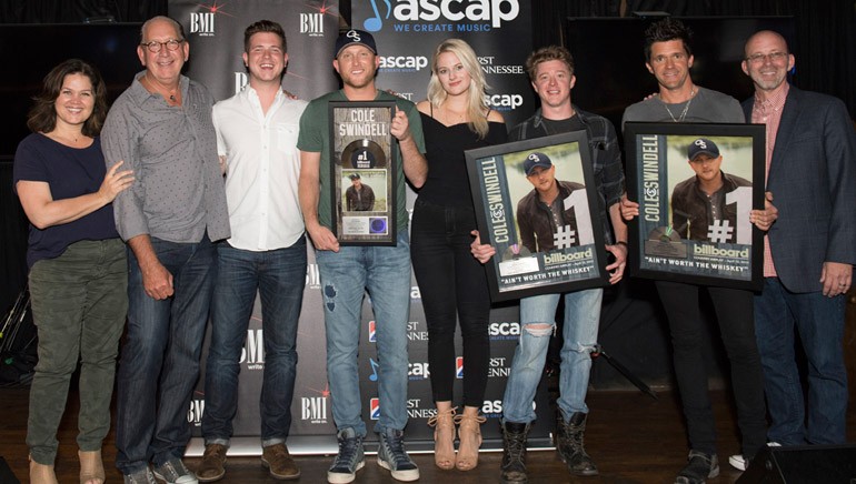 Pictured: (L-R): Big Yellow Dog’s Carla Wallace, Warner Music Nashville’s John Esposito, BMI’s Josh Tomlinson, BMI singer-songwriter Cole Swindell, ASCAP’s Beth Brinker, writer Adam Sanders, producer Michael Carter and Sony/ATV Tree Publishing’s Terry Wakefield.