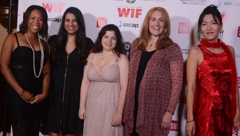 BMI composer Dara Taylor, BMI’s Reema Iqbal and BMI composers Nami Melumad, Ronit Kirchman and Karin Okada pause for a photo at the “Women Composers in Media” concert.