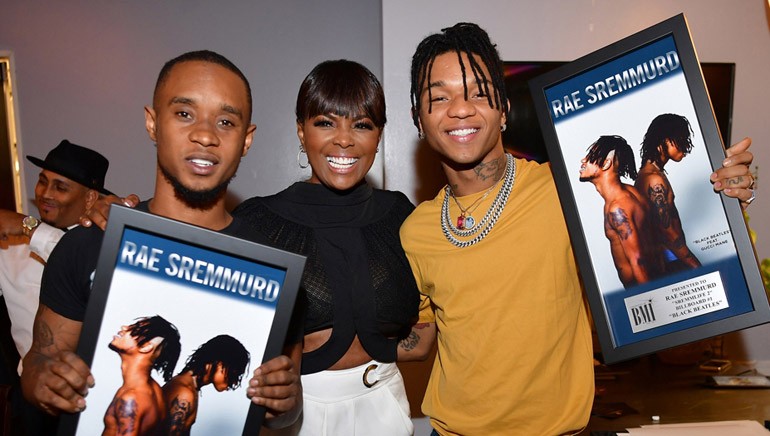 Slim Jxmmi, Catherine Brewton, VP Writer/Publisher Relations, and Swae Lee attend the BMI X Rae Sremmurd Dinner Party at Twisted Soul Cookhouse & Pours on May 16, 2017 in Atlanta, Georgia.