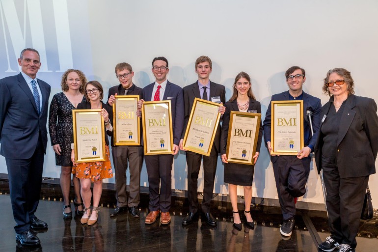 Pictured (L-R) are: BMI President and CEO Mike O'Neill; BMI Foundation President Deirdre Chadwick; Katherine Balch; Miles Walter; Jonathan Cziner, William Schuman Prize winner; Matthew Schultheis; Amy Thompson; Ari Sussman; and Chair of the Student Composer Awards Ellen Taaffe Zwilich.