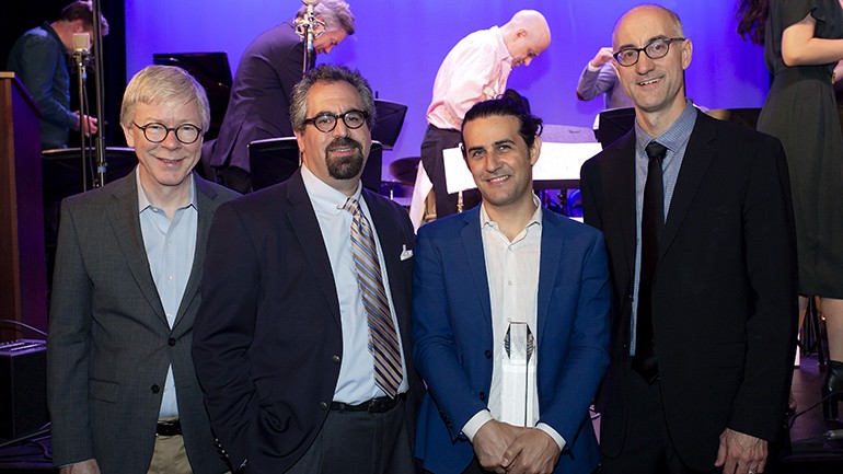 Pictured (L-R) at the 31st Annual Jazz Composers Workshop Summer Showcase concert are: BMI’s Senior Director of Jazz and Musical Theater, Pat Cook; Jazz Composers Workshop Musical Director, Andy Farber; 2019 Charlie Parker Prize winner, Dan Pugach, and the Workshop’s Associate Musical Director, Alan Ferber.