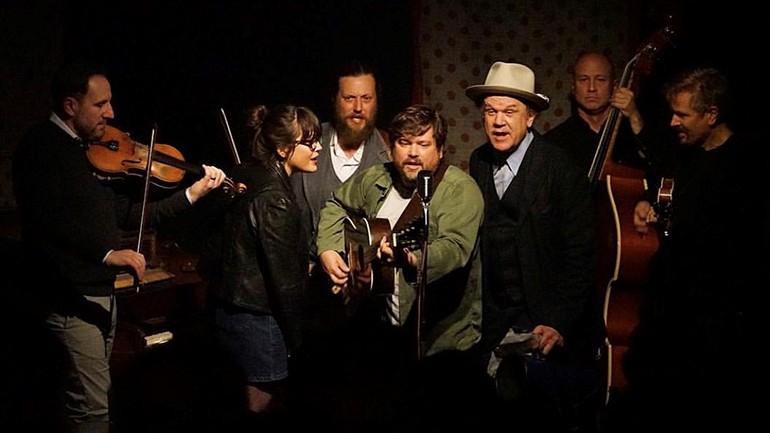 Pictured (L-R) onstage are Gabe Witcher of Punch Brothers, Sara Watkins of Nickel Creek, Isreal Parker, Sean Watkins of Nickel Creek, BMI songwriter, musician and actor John C Reilly, and BMI composers, creators, directors and producers of “Call Me Mr. Bluegrass,” Mike Judge and John Frizzell.