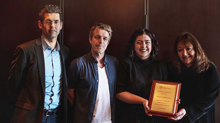 Pictured (L-R) are Berklee’s chair of film scoring Sean McMahon, BMI composer Harry Gregson-Williams, scholarship recipient Dayna Ambrosio, and BMI’s Doreen Ringer-Ross during “BMI Day” at Berklee College of Music in Boston.
