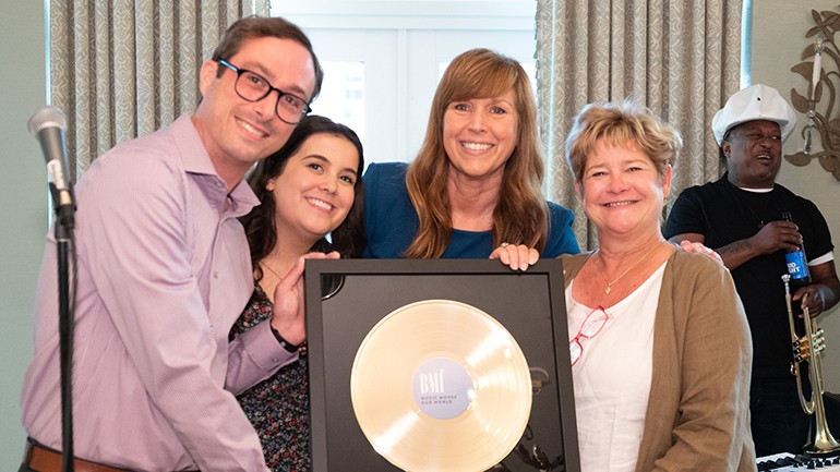 BMI celebrated the 75th Anniversary of the Louisiana Association of Broadcasters by presenting them with a gold record. Pictured (L-R) are BMI’s Josh Lagersen, LAB Marketing & Communications Director Susan Lynch, LAB Manager of Business Development Laura Smith, and LAB President & CEO Polly Johnson.