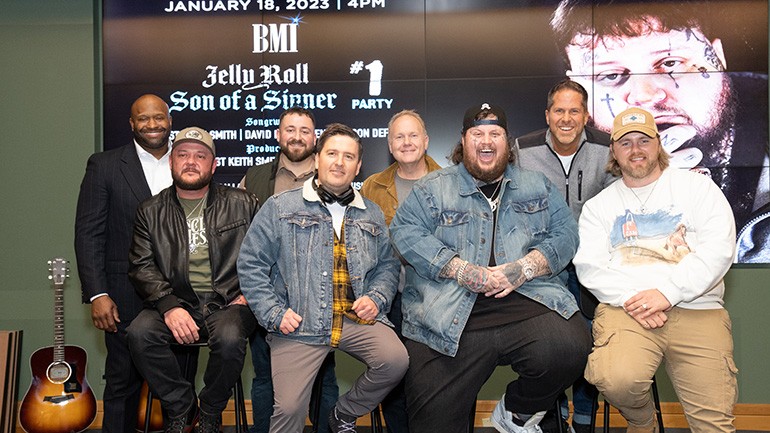 Pictured (L-R): BMI’s Executive Director, Creative, Shannon Sanders, Big Loud’s Michael Giangreco, Universal Music Publishing Group’s Troy Tomlinson, BMG’s Jon Loba, songwriter David Ray Stevens, producer Ilya Toshinskiy, Jelly Roll, and songwriter/producer, Ernest K. Smith.
