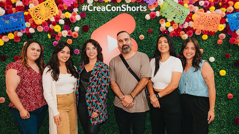 (L-R) BMI’s Lilibeth Patron and Beatriz Aguilar, YouTube’s Andrea Barbosa, BMI’s Jesus Gonzalez, YouTube’s Jax Serrano and Gabi Nuñez-Huelster gather for a photo at the BMI x YouTube masterclass on Wednesday, August 9, at Google Spruce Goose in Playa Vista, CA.