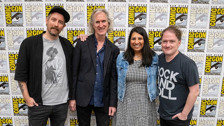 (L-R) Chandler Poling, Nick Laviers, BMI’s Reema Iqbal, and Stephen Barton gather for a photo before “The Star Wars Musical Universe” panel at Comic-Con on Friday, July 21, 2023 in San Diego, CA.