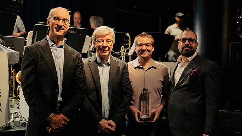 [L-R] Assistant Musical Director Alan Ferber, BMI’s Senior Director, Jazz & Musical Theatre Patrick Cook, 2023 Charlie Parker Jazz Composition Prize Winner Joseph Herbst, and Musical Director Andy Farber at the 34th Annual BMI Jazz Composers Workshop Summer Showcase on June 21, 2023 at Symphony Space in New York City.