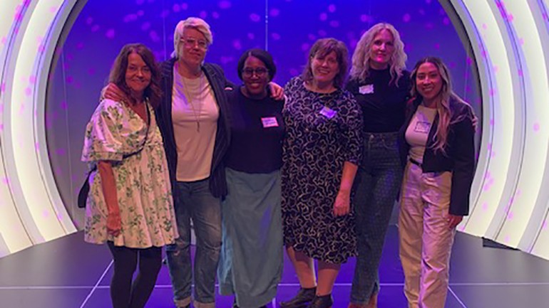  (L-R) BMI’s Tracy McKnight, Alison Newman, Chanda Dancy, Heather McIntosh, Genevieve Vincent, and Tangelene Bolton at the Warner Chappell Music offices in Los Angeles on September 20.