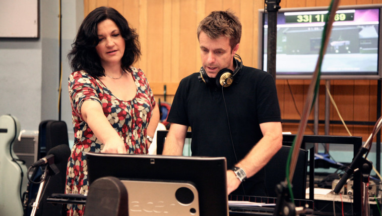 Director Sarah Smith works with composer Harry Gregson-Williams during the scoring session for <em>Arthur Christmas</em>, an animated film produced by Aardman Animations for Sony Pictures Animation.