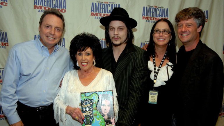 BMI congratulates Americana Music Association Lifetime Achievement Award recipient Wanda Jackson at the 2010 Americana Music Association Honors and Awards. Pictured are BMI’s Jody Williams, Wanda Jackson, Jack White, and the Americana Music Association’s Danna Strong and Jed Hilly.