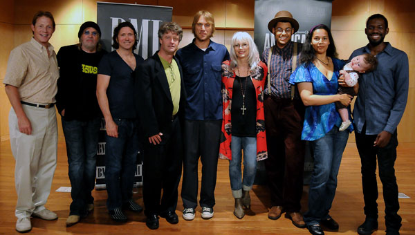 at the party are BMI’s Clay Bradley; nominees Ray Wylie Hubbard and Will Kimbrough; Americana Music Association’s Jed Hilly; Todd Snider and Emmylou Harris; and nominees Dom Flemons, Rhiannon Giddens, and Justin Robinson of the Carolina Chocolate Drops.
