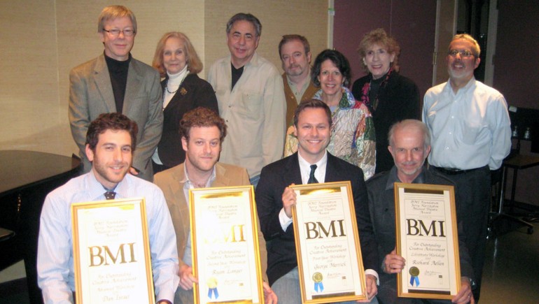 (back row) Artistic Coordinator of the Workshop Patrick Cook, steering committee members Nancy Golladay, Frank Evans, David Spencer, Janie Smulyan, BMI’s Jean Banks and Rick Freyer; (front row) advanced student Dan Israel, second year student Ryan Langer, first year student George Merrick, and librettist Richard Aellen