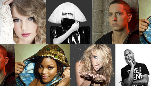Pictured are Taylor Swift, Lady Gaga, Eminem, Rihanna, Ke$ha, & B.o.B